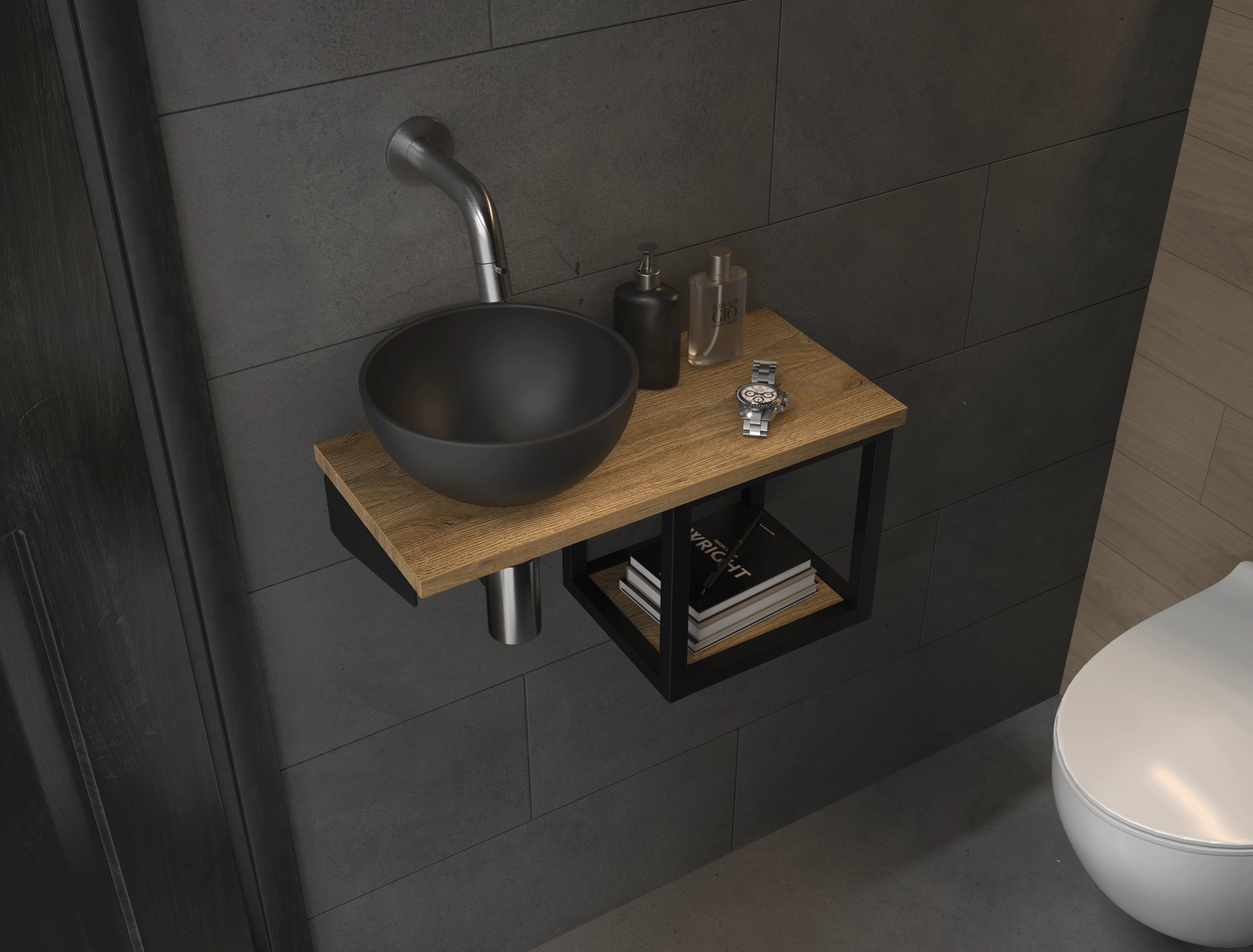 Sjithouse Moon spiegel 23cm met zwarte steun links